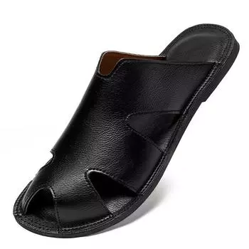 Fisherman slippers summer handmade high-end home large size one-word drag summer wooden floor cowhide quality cool slippers men 38