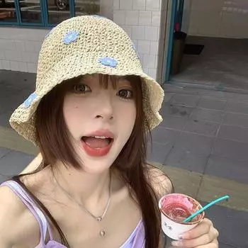 Fisherman straw hat women s summer small fresh sunshade sunscreen hat women s 2024 new face small bucket hat M (56-58cm) Twelve Flowers Straw Hat