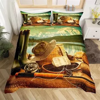 Fishing King Duvet Cover Set For Kids Boys Men Rustic Fisherman Comforter Cover Microfiber Wild Cabin Fishing Theme Bedding Set 70x133cm 2pcs