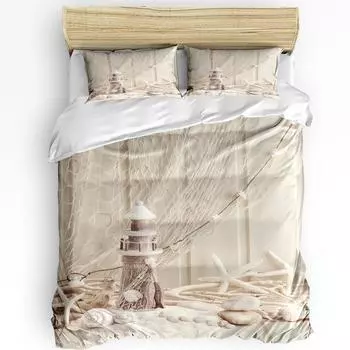 Fishing Net Starfish Lighthouse Beach Wooden Duvet Cover Bed Bedding Set Home Quilt Cover Pillowcases Bedding Set No Sheet EU single(135x200cm)