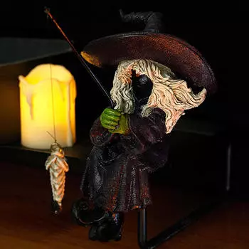 Fishing Witch Statue Figurine Spooky Sculpture Halloween Pool Craft Lawn Ornament Pond