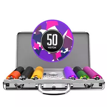 Фишки для покера HEITOK, набор из 300 пронумерованных фишек казино, в комплекте 2 колоды игральных карт и 5 игральных костей, фишки из АБС-пластика в алюминиевом чемодане 11,5 г
