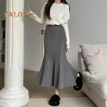 Юбка-рыбий хвост, эластичная юбка с высокой талией и оборками, длинная юбка, однотонная, с запахом на бедрах, офисная женская юбка, повседневная одежда L хаки