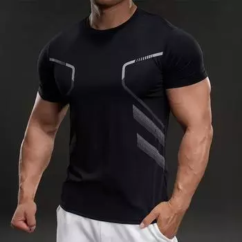 Фитнес Дышащая Летняя Новинка Повседневная Футболка с Коротким Рукавом Модная Спортивная Облегающая Эластичная Уличная Футболка Мужская M чёрный