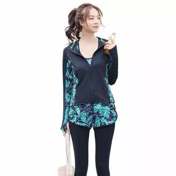 Фитнес купальник чехол для тела Rash Guard комплект из 5 предметов майка леггинсы длинный рукав Rush Parka защита от ультрафиолета большой размер hys2128 M [Teddy] женский