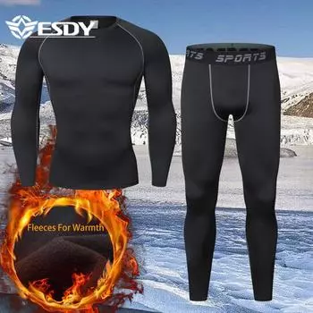 Фитнес-одежда Мужские леггинсы Плюс Бархат Теплые брюки с длинными рукавами Костюм Высокая эластичность Быстросохнущий Баскетбол Футбол S