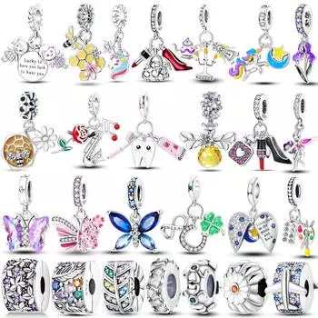 FitNew браслеты из стерлингового серебра 925 пробы, красочные подвески, бусины, любовь, бабочка, пчела, цветок, висячие для DIY ювелирных изделий, подарков