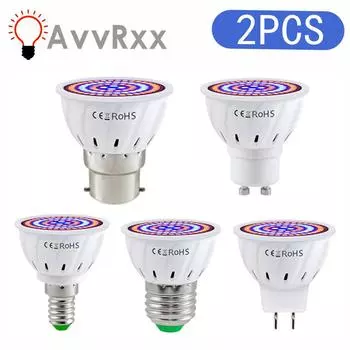 Фитосветодиодный гидропонный светильник B22 для выращивания растений E27, светодиодная лампа для выращивания растений MR16, полный спектр, 220 В, УФ-лампа для растений E14, фитолампа для рассады цветов GU10 80leds-2PCS&220V