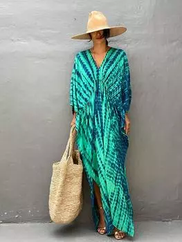 Fitshinling Halo Dyeing Print Robe Женский Пляжный Платье Длинный Cover-Up Праздничный Bohemian Loose Pareo Outside Outsets Kaftan Women One Size черный белый