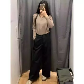 Fitting Room Wide Leg Cotton Blended Elastic Waist Casual Pants Black XL