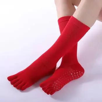 Five Finger Yoga Socks Non Slip Professional Female Pilates Knee Socks Split Toes Pure Cotton Indoor Fitness Exercise Training Socks Big Red