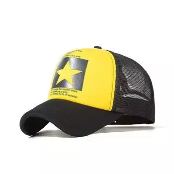 Five-Star Sponge Printing Baseball Cap Female Male Hat Summer Mesh Fitted Cap Casual Breathable Peaked Cap K-style Black Yellow
