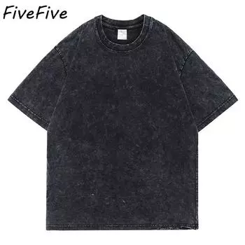 FiveFive американская стираная футболка для мужчин, хлопковая свободная футболка с круглым вырезом, мужская футболка в Корейском стиле Y2k, повседневная винтажная футболка с коротким рукавом XXXL чёрный