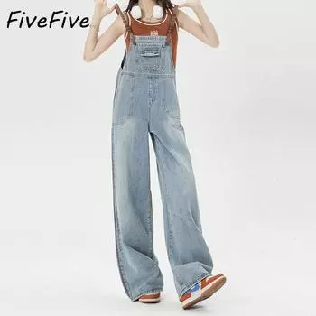 FiveFive американский винтажный джинсовый комбинезон женский с высокой талией свободные джинсы с широкими бретелями уличная одежда комбинезон брюки XS черный серый