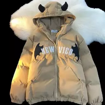 FiveFive Couples Зимняя повседневная куртка с капюшоном, вышитая хлопковая подкладка, куртки Y2K, пальто, куртка зимой L чёрный