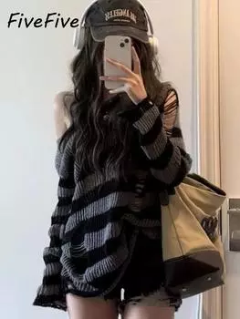 FiveFive Deeptown Gothic Streetwear Полосатый вязаный свитер для женщин Harajuku Punk Hollow Out Джемпер Hole Loose All-match Tops Grunge E-girl XL черный серый