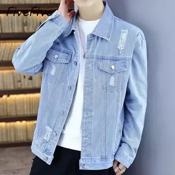 FiveFive Демисезонная мужская джинсовая куртка с лацканами, пальто в стиле хип-хоп, ветровое повседневное пальто, хлопковая джинсовая куртка больших размеров, мужская одежда с дырками S темно-синий