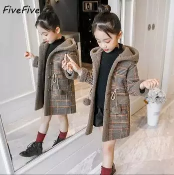 FiveFive Fashion Design Осень-зима Парка для девочек Волосатая одежда Длинное шерстяное пальто для детей Верхняя одежда Сетка Узор Утепленная теплая одежда 160 белый