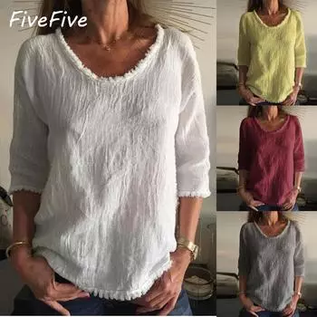 FiveFive хлопковая повседневная свободная женская футболка с длинным рукавом и круглым вырезом с рукавом три четверти XS белый