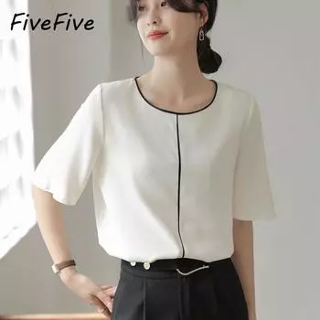 FiveFive Элегантная женская офисная рубашка Женская винтажная блузка Летняя футболка с коротким рукавом и круглым вырезом