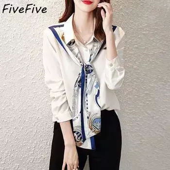 FiveFive Элегантный шикарный принт в стиле пэчворк с галстуком-бабочкой, белые рубашки на пуговицах, весенне-осенние модные топы с длинными рукавами, блузки для женщин больших размеров XS белый