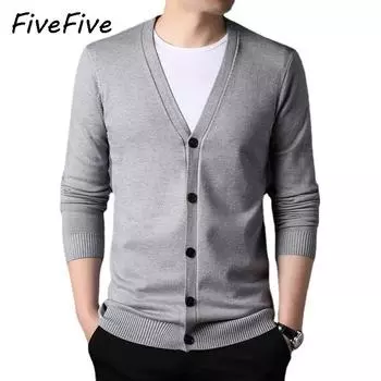 FiveFive Кардиган Свитер Мужское Пальто V-образный вырез Повседневная Осенняя Одежда Однотонный Трикотаж Топы Однобортный Длинный Рукав Верхняя Одежда XXXXL чёрный