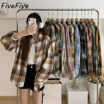 FiveFive клетчатая рубашка, женская осенняя топ с длинным рукавом, женская винтажная модная однобортная блузка, женские свободные рубашки в клетку в консервативном стиле XL