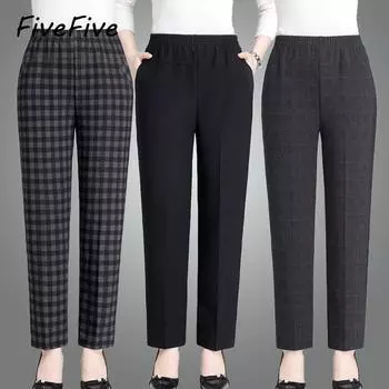 FiveFive клетчатые брюки с высокой талией, женские весенне-осенние эластичные брюки большого размера для мам, маленькие брюки, повседневные леггинсы, брюки больших размеров XXXXXXL