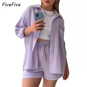 FiveFive, комплект из 2 предметов, женская летняя модная рубашка с лацканами и шорты с высокой талией на шнурке, повседневные костюмы, большие размеры