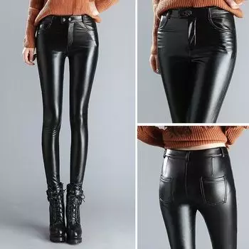 FiveFive кожаные плюшевые утолщенные с высокой талией эластичные корейские размеры ПУ брюки женские маленькие корейские модные женские брюки Y2k XXXL