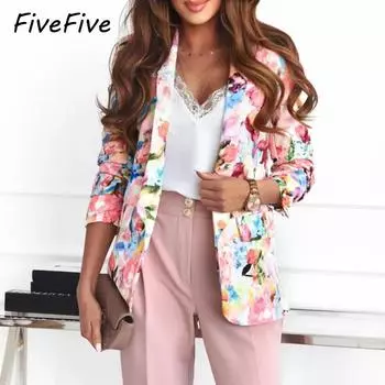 FiveFive Lady Blazer Женский офисный женский пиджак с накладными карманами и цветочным принтом, супермягкий пиджак XS красный
