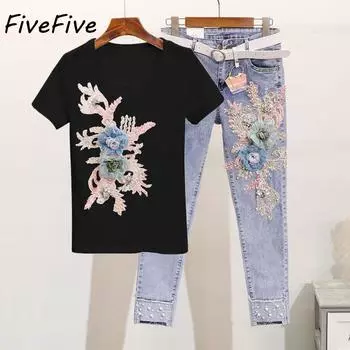 FiveFive Летний женский комплект из двух предметов: свободный топ с вышивкой и короткими рукавами и укороченный джинсовый костюм размера плюс