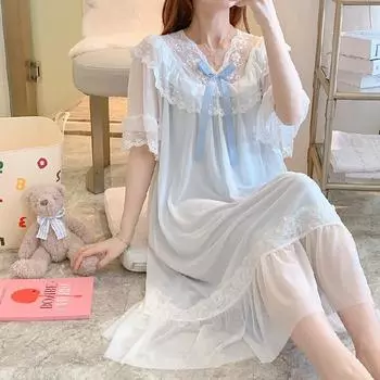 FiveFive Летняя модная женская ночная рубашка Свободная женская кружевная ночная рубашка с коротким рукавом S