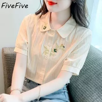 FiveFive Летняя рубашка поло Свободная повседневная рубашка из чистого хлопка с вышивкой Леди с коротким рукавом Элегантный топ на пуговицах Женский кардиган Блузка размера плюс XXL синий