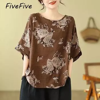 FiveFive, летняя стильная универсальная хлопковая конопляная футболка с круглым вырезом и принтом, женская свободная футболка с короткими рукавами и короткими рукавами в этническом стиле, топы нестандартной формы XXL темно серый