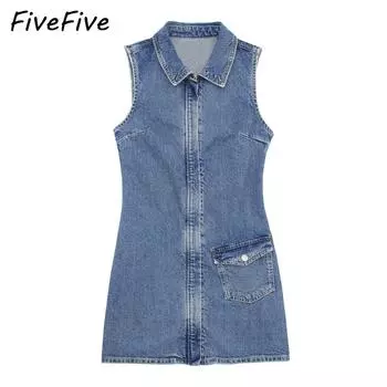 FiveFive Летняя женская тонкая юбка без рукавов с лацканами и карманами, джинсовое мини-платье
