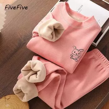 FiveFive Мальчики и Девочки Теплый Нижнее Белье Костюм Осенне-Зимняя Утепленная Детская Одежда и Брюки Плюшевый Нижнее Белье Костюм Две Части 100 фиолетовый