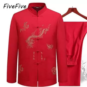 FiveFive модная повседневная футболка с вышивкой, брюки, Вин Чун Тай Чи, удобный мужской комплект, большие размеры, китайская традиционная одежда Тан, костюм кунг-фу XXXL белый