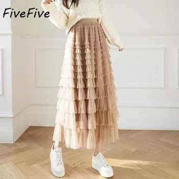FiveFive Модная юбка-миди с высокой талией и сетчатым принтом, длинная, плиссированная, с эластичной талией One Size хаки