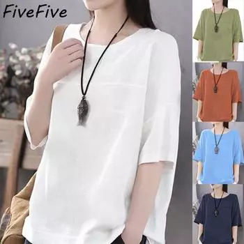 FiveFive модная женская футболка с круглым вырезом, повседневные свободные однотонные хлопковые и льняные рубашки, блузка больших размеров, топ XXXXXL белый