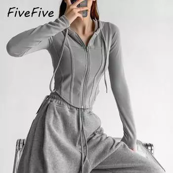 FiveFive Модная женская толстовка с длинным рукавом Повседневная толстовка с капюшоном Y2k Укороченная толстовка с капюшоном L чёрный