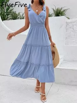 FiveFive модное повседневное женское платье без рукавов с принтом, юбка средней длины на бретелях, платье миди на подтяжках, однотонное платье размера плюс XL синий