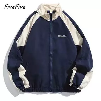 FiveFive Мужская хип-хоп уличная куртка на молнии Ветровка Harajuku Тонкие пальто Спортивные черные синие XXL чёрный