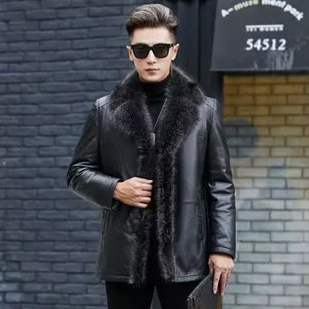 FiveFive Мужская меховая кожаная куртка Мужское меховое зимнее пальто Теплая кожаная верхняя одежда S чёрный