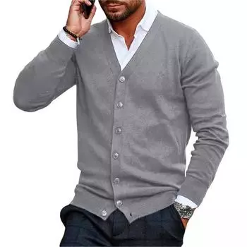FiveFive Мужская модная куртка-кардиган с однотонными пуговицами Повседневный свободный вязаный кардиган с однотонными пуговицами XS чёрный