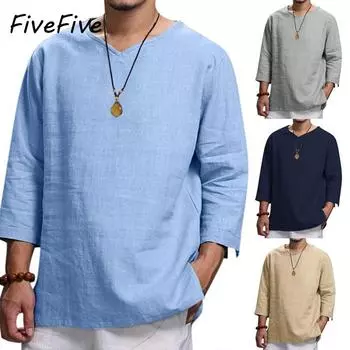 FiveFive Мужская рубашка с рукавами три четверти Топы Повседневная рубашка из смесового хлопка S чёрный