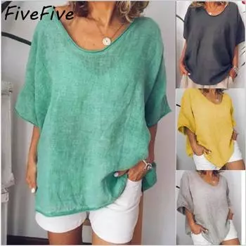 FiveFive плюс размер модная одежда женские повседневные хлопковые льняные блузки с короткими рукавами повседневные свободные пляжные блузки XXXXXL белый