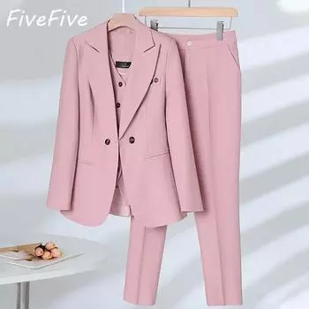 FiveFive повседневные брючные костюмы для женщин, офисная уличная одежда с длинными рукавами, однотонные двубортные брючные костюмы из трех предметов на весну и лето XXXXL розовый