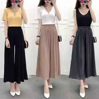 FiveFive повседневные брюки с высокой талией и эластичным поясом, плиссированные женские брюки, свободные широкие брюки полной длины One Size чёрный