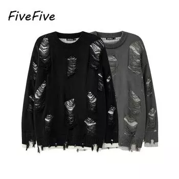 FiveFive Retro Hole Fake Two свитера для мужчин и женщин Y2k Streetwear High Street Fashion Punk Style Loose Casual свитер XXL чёрный